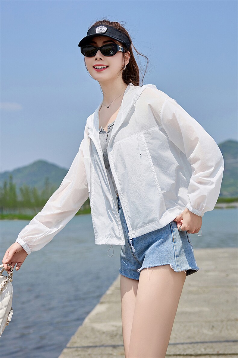 防晒衣女短款薄外套2025夏季新款防紫外线透气户外百搭连帽防晒服,女装防晒衣,以桐