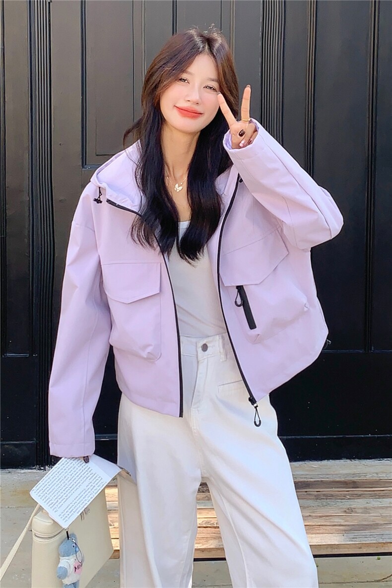 紫色韩系超好看抽绳工装外套女2025秋季新款小个子宽松休闲冲锋衣,女装短外套,2C306