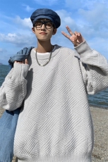 秋冬纯色大码菱格圆领毛衣男设计感bf宽松毛线衫针织衫MY105-P40，男装针织衫/毛衣，电商A001