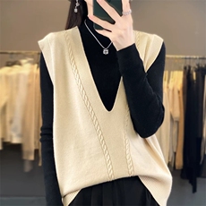 2025年秋季时尚百搭通勤简约双股加厚羊毛马甲，女装马甲，米咔羊绒