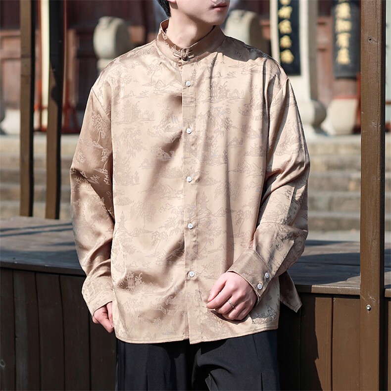 现货秋装长袖衬衫男士风立领盘扣开衫男CS01-P75控98图片