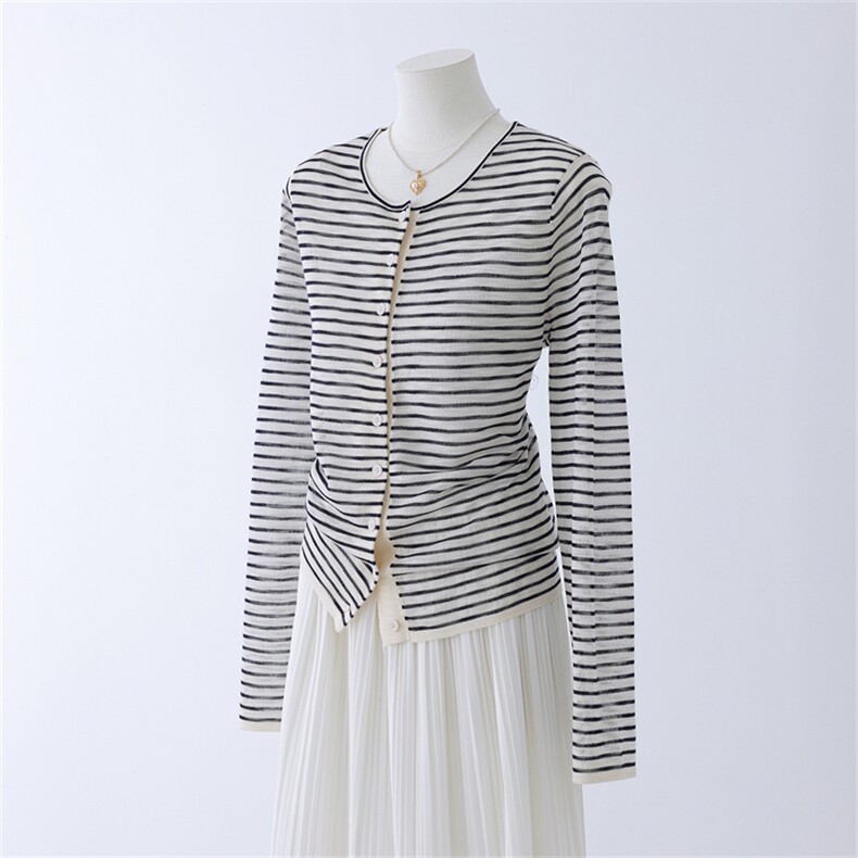 竹节麻圆领条纹防晒开衫，女装针织衫/毛衣，优麦羊绒（原洪叶羊绒）