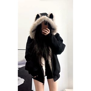 现货重磅硬挺boxy羽绒棉衣座山雕猫耳大毛毛领麂皮棉服冬外套图片