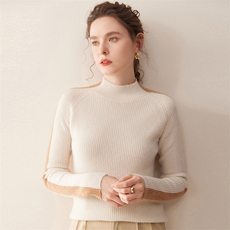 2025秋冬百搭时尚简约半高领撞色袖抽条羊绒衫，女装羊绒衫，珍丝贝尔