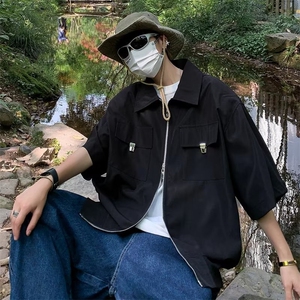 卡其色cleanfit短袖男款衬衫高级感工装夹克双头拉链短款外套图片