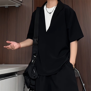 C5052/P35夏季新款假两件V领polo衬衫男大码宽松老钱风T恤上衣潮图片