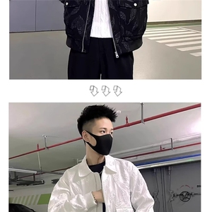 痞帅男士翻领夹克黑白色高级感帅气青年外套印花纯色夹克衫春装潮图片