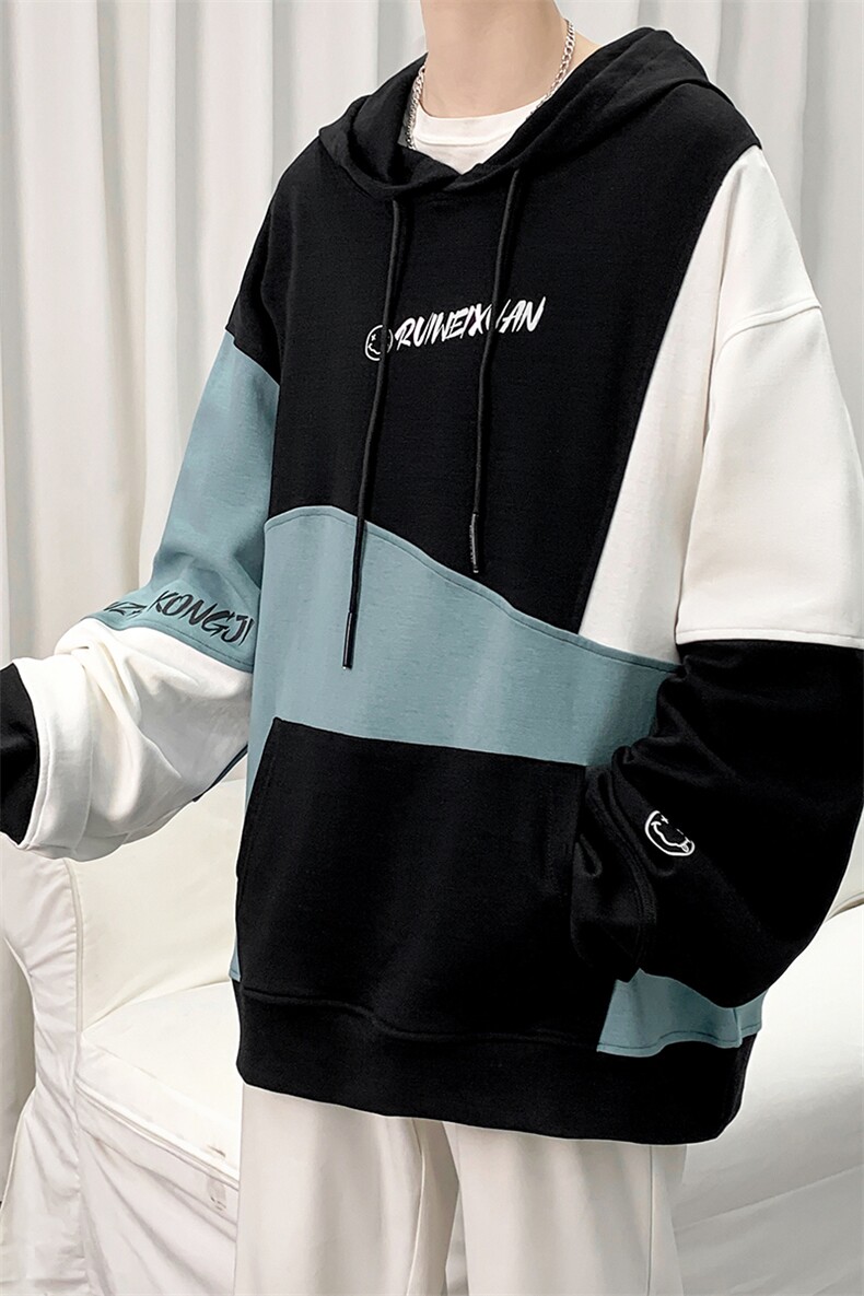 7XL-M港风卫衣男2023春季新款连帽休闲撞色长袖加肥加大码控价88图片