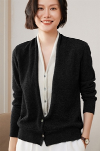 美爆了！假两件baby小山羊绒针织开衫女V领毛衣宽松拼色百搭外套图片