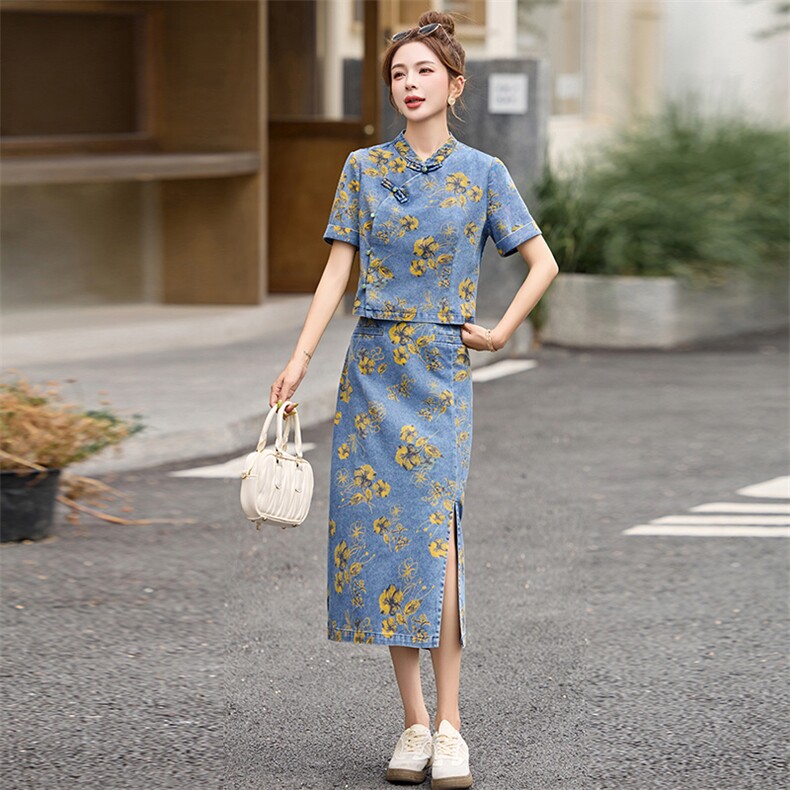 新中式印花牛仔套装女2025夏季爆款小个子复古洋气减龄短裤两件套,女装套装/套裙,众宇琦