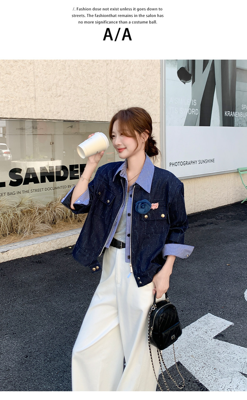 气质高级感短夹克深蓝色假两件衬衫领小香风外套女秋,女装短外套,浙宝238