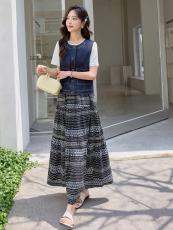 牛仔马甲半裙套装女夏2025新款高端气质波西米亚风印花长裙两件套，女装套装/套裙，美沁
