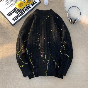 M892-特P68 泼墨涂鸦麻花毛衣男秋冬季潮牌潮流美式圆领线衣宽松图片