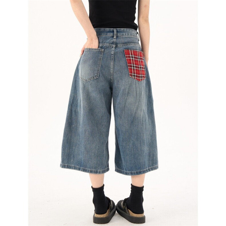 2378-P50美式复古格子拼接牛仔短裤女夏高腰宽松显瘦百搭，女装牛仔裤，电商A306A