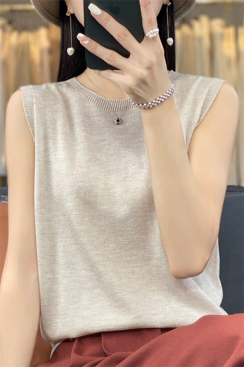 圆领无袖细羊毛背心女夏季吊带薄款内搭宽松针织外穿打底上衣体恤,针织衫/毛衣,大美人高端店