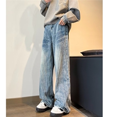 秋冬季美式高街vibe蓝色牛仔裤男女潮直筒微喇cleanfit显瘦牛仔裤，男装牛仔裤，星座1013