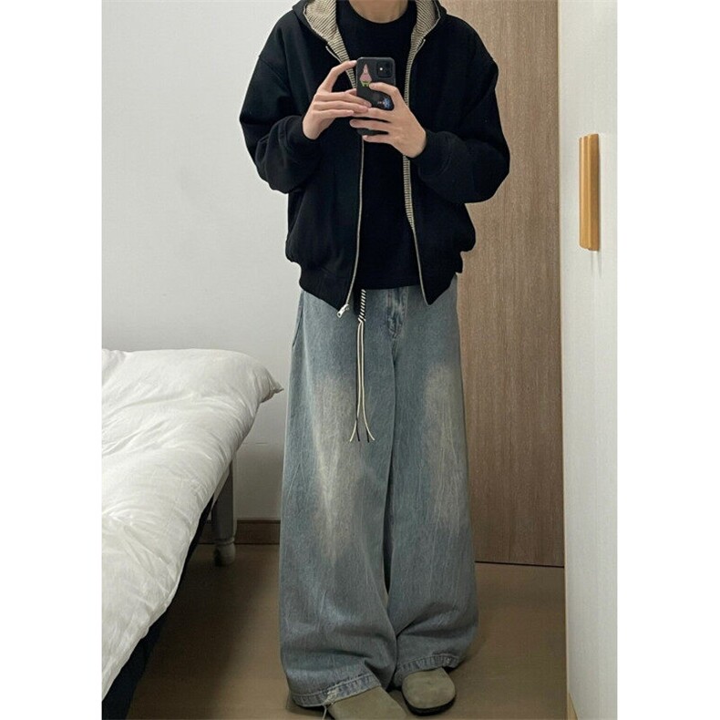 双面穿卫衣夹克美式复古格纹百搭街头嘻哈宽松拉链开衫上衣外套,男装夹克,星座601-1