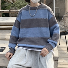 针织衫男女韩版潮流宽松拼色条纹帅百搭2024秋冬ins毛衣MZ452-P41，男装针织衫/毛衣，星座412-2
