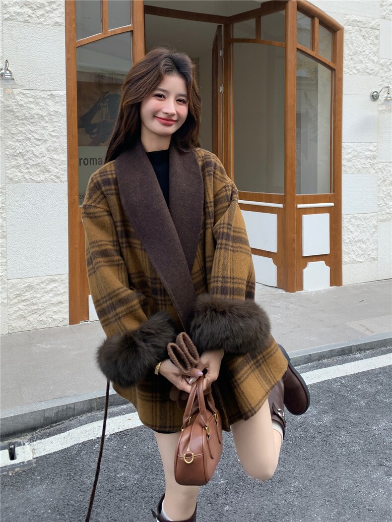 现货新款双面羊绒大衣带袖毛格子配腰带时尚洋气,女装毛呢外套,韩然一族