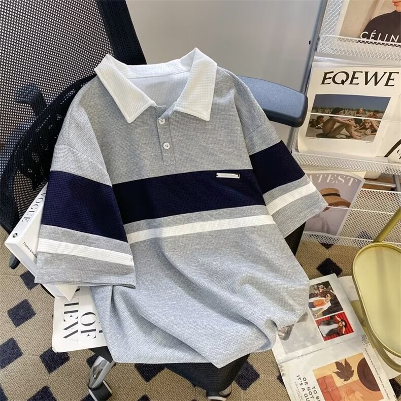 Polo衫男短袖2023夏季潮牌拼色翻领t恤学生百搭美式半袖WB090-P34,男装Polo衫,星座412-2