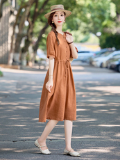 文艺风简约休闲纯色棉麻连衣裙女2025夏新款气质抽绳收腰显瘦裙子，女装连衣裙，依万里