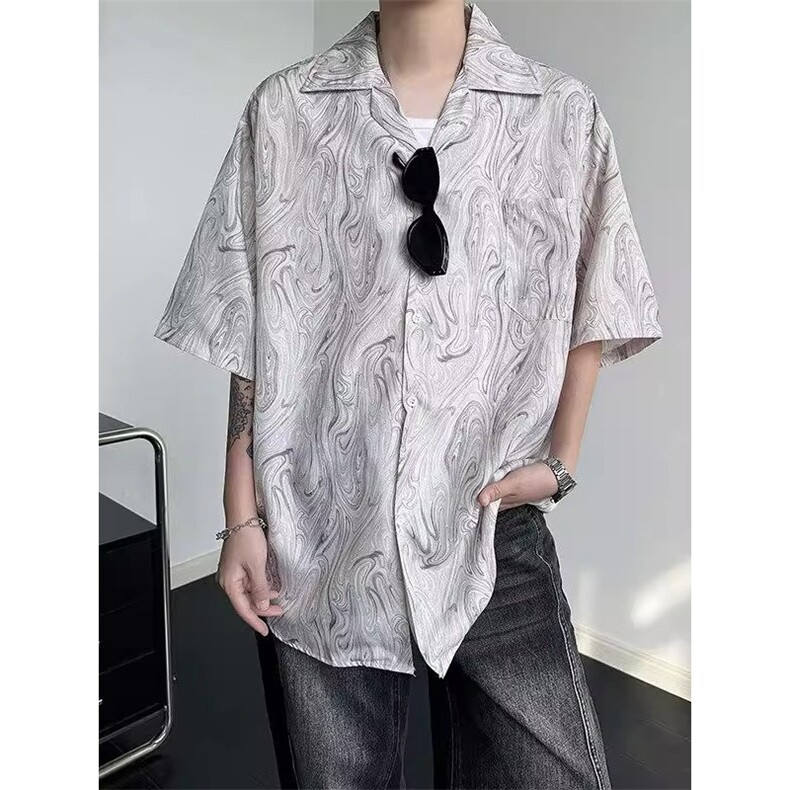 古巴领晕染短袖衬衫男夏季冰丝半袖衬衣cleanfit男模穿搭大码外套,男装T恤,星座1210-1