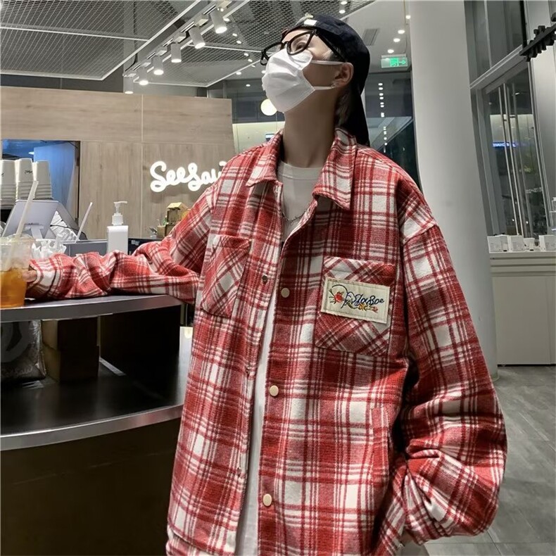 潮夹克男格子帅拼接刺绣花花文艺2025秋冬新款ins衬衫W5213-P60,男装夹克,星座412