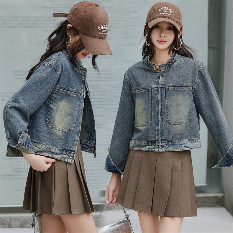 2025春季新款圆领拉链复古牛仔短外套女宽松显瘦短款夹克上衣洋气，女装牛仔外套，美拉德工厂直营店