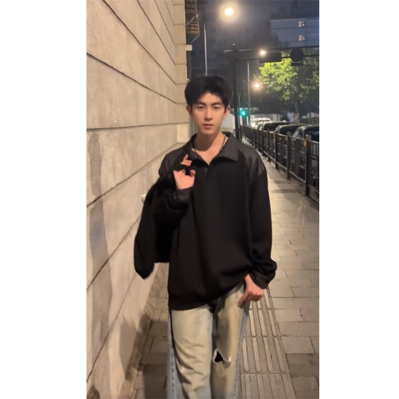 现货『轻启秋日松弛自洽』高级拼色设计感Polo领上衣长袖,男装卫衣,星座910A