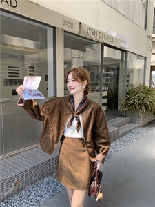 咖色复古高级感麂皮绒套装裙女2025秋季小个子圆领外套短裙两件套图片