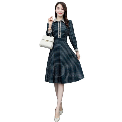 新款时尚大方衬衫领拼接数码印格子连衣裙，女装连衣裙，岚衣(原川流布茜）