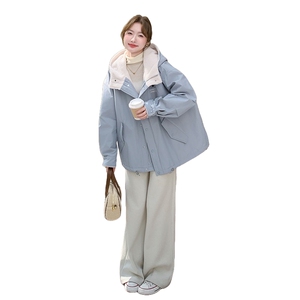 浅蓝色短款连帽棉服女韩系新款派克服保暖棉衣外套6110P215K328图片