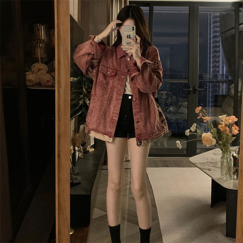 复古甜酷脏粉色水洗拼接牛仔外套男女古着情侣棒球服 C644-98图片