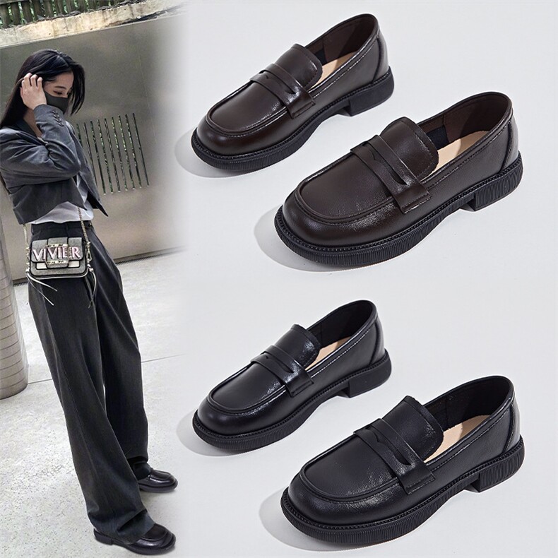 真皮乐福鞋女2023春季新款浅口低跟纯色单鞋女英伦风女生小皮鞋女，女鞋小皮鞋，电商A223