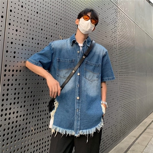 C526P47美式复古感垫肩短袖牛仔衬衫男宽松夏季翻领衬衣痞图片