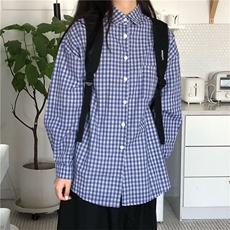 夏日韩版格子蓝色衬衫女宽松男友风衬衣宽松显瘦防晒开衫垂感外套，男装防晒衣，星座1210-1
