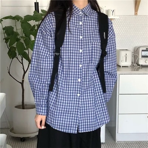 夏日韩版格子蓝色衬衫女宽松男友风衬衣宽松显瘦防晒开衫垂感外套图片