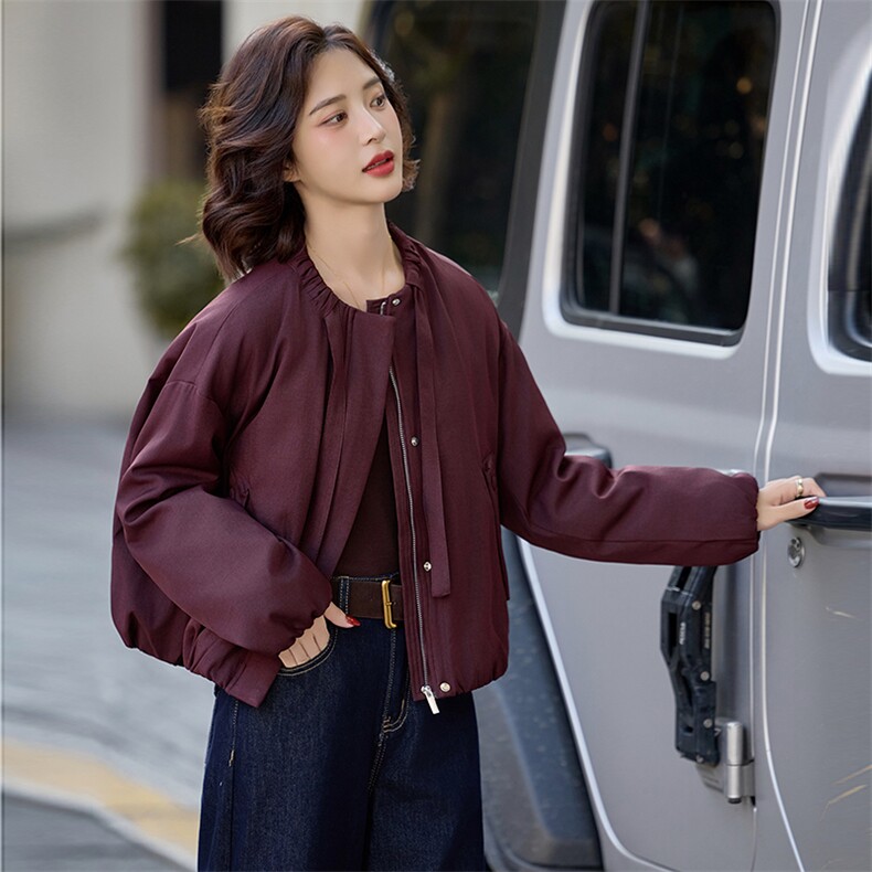水衣源2798款纯色圆领飘带短款休闲宽松羽绒服女保暖外套,女装羽绒服,水衣源