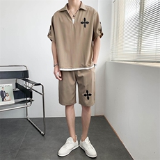 印花套装短袖短裤套装五分袖V领衬衫两个套A328-2238-P90，男装衬衫，星座406