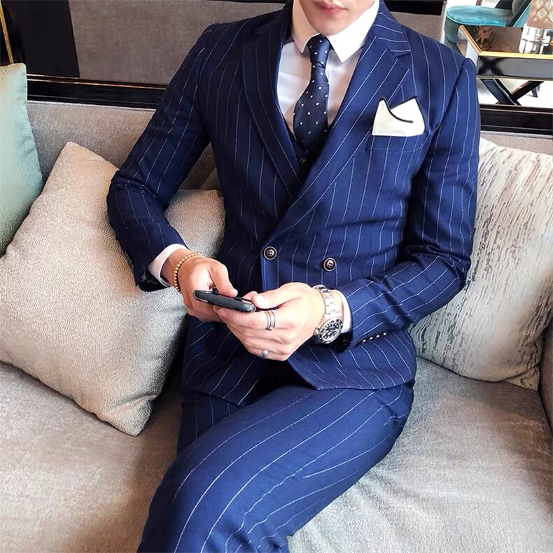 两粒双排扣条纹西装礼服三件套男7001-P285,男装西服套装,星座1012