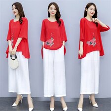 2021夏季新款简约气质圆领时尚图案刺绣宽松休闲舒适棉麻两件套，女装套装/套裙，韩宇舍