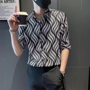树叶花衬衫男五分袖春秋季痞帅发型师男装斑马纹印花衬衣CS109