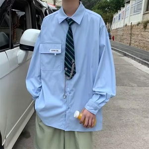 809-P38 日系领带长袖衬衫男装宽松休闲春秋设计感小众百搭外穿图片