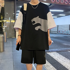 高品质夏季短袖T恤港风男士套装青少年纯棉潮流男装DF317P65控89，男装休闲套装，电商A086