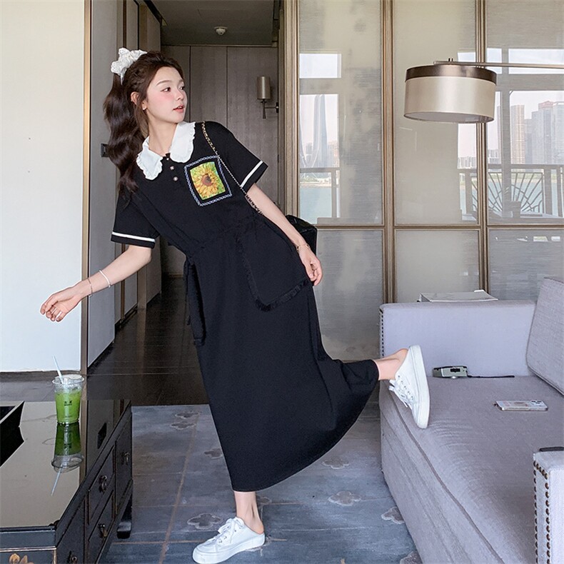 甜美撞色翻领收腰黑色连衣裙女夏2025新款休闲气质大方得体长裙子,女装连衣裙,2D080