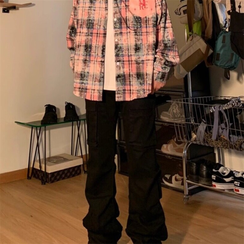 美式潮牌做旧刺绣扎染格子衬衫男秋季高级感长袖衬衣情侣防晒外套,男装衬衫,星座506A