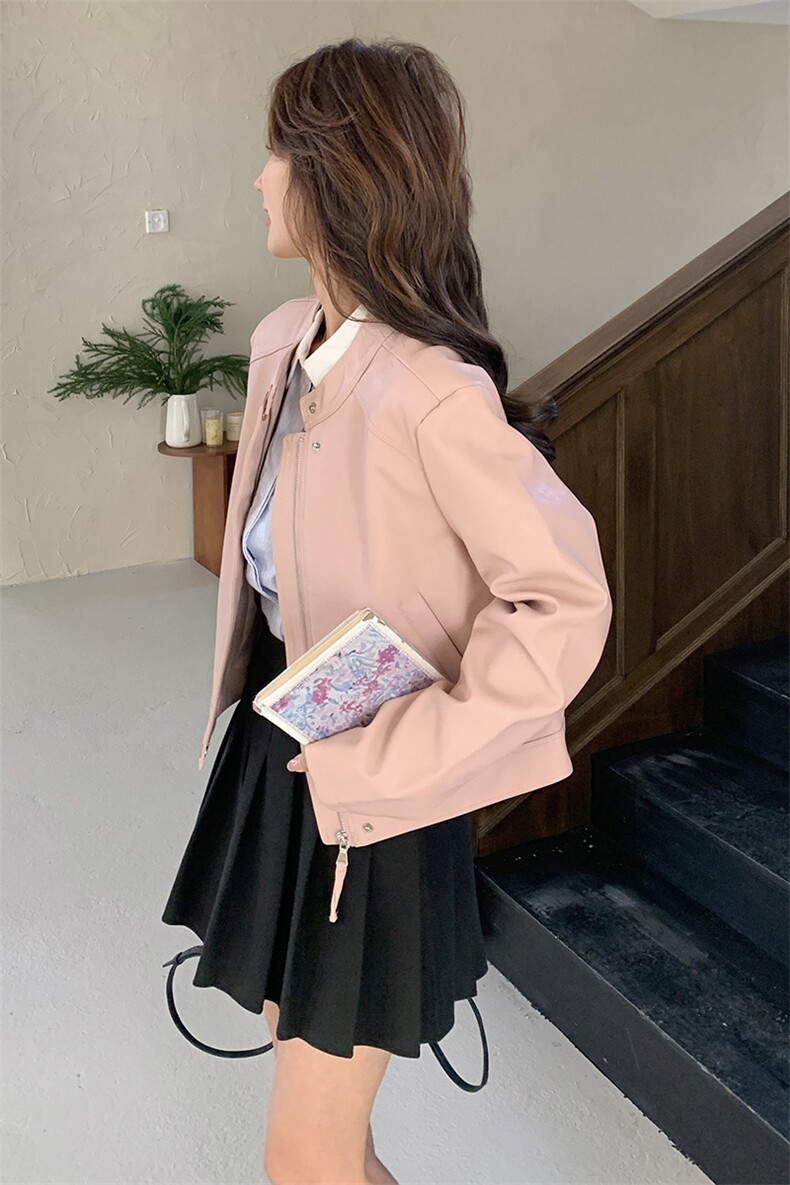 粉色短款PU皮衣夹克外套女2025春秋季新款韩版流行显瘦机车服上衣,女装皮衣,2C198