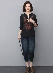 时尚套装女2023春夏新款小个子中年妈妈衬衫牛仔裤初夏休闲两件套图片