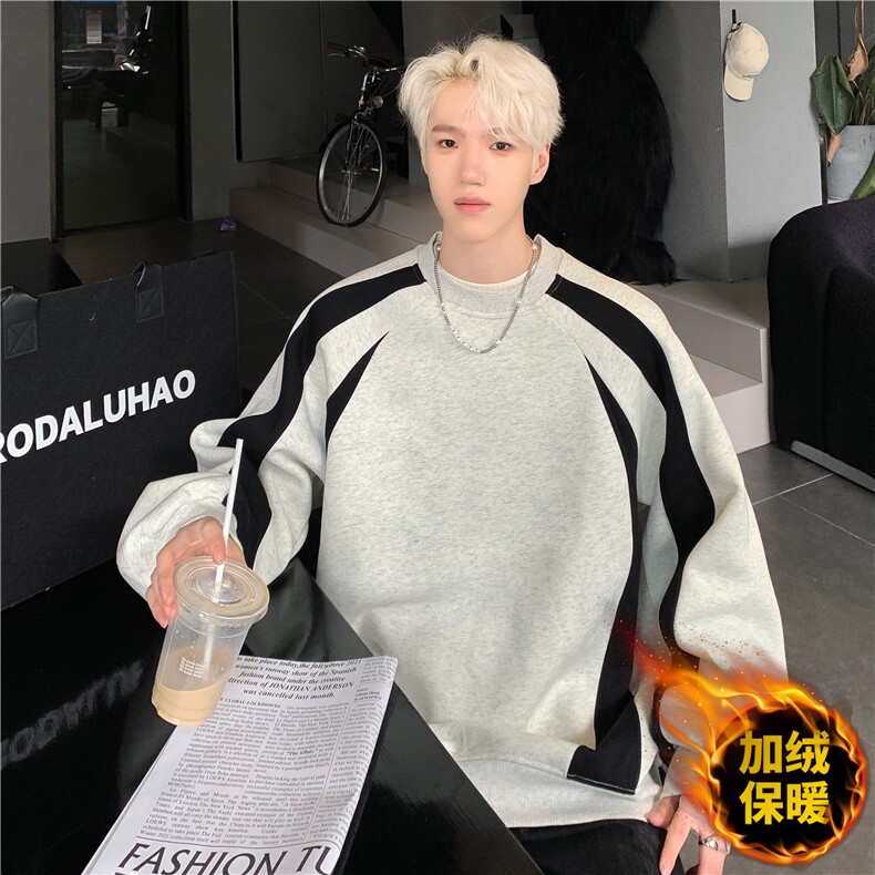 秋冬重磅420克加绒加厚卫衣拼接百搭圆领长袖撞色打底衫MY085-P60,男装卫衣,电商C307