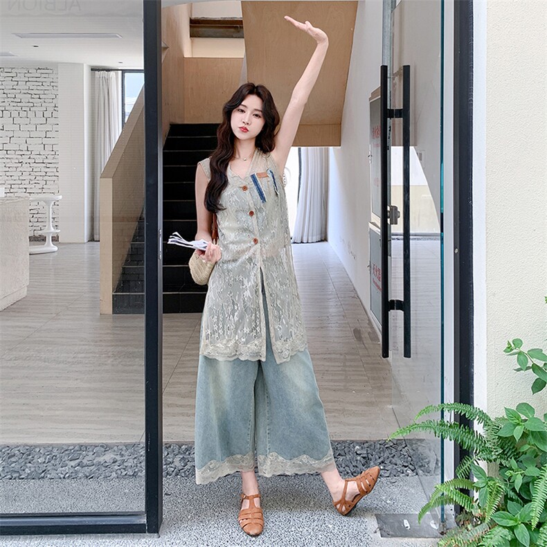 又a又飒蕾丝马甲七分牛仔阔腿裤套装女2025夏季新款小个子两件套,女装套装/套裙,浙宝305